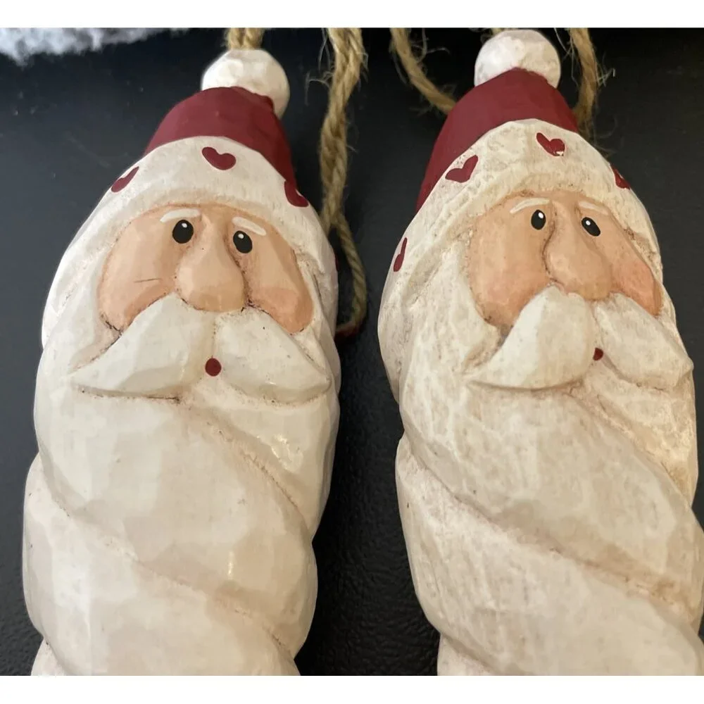 Wood Style Spiral Shaped Santa Claus Holiday Christmas Ornaments Set Of 2 Hearts